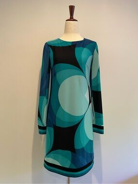 Trina Turk Teal & Black Geometric Long-Sleeve Shift Dress
